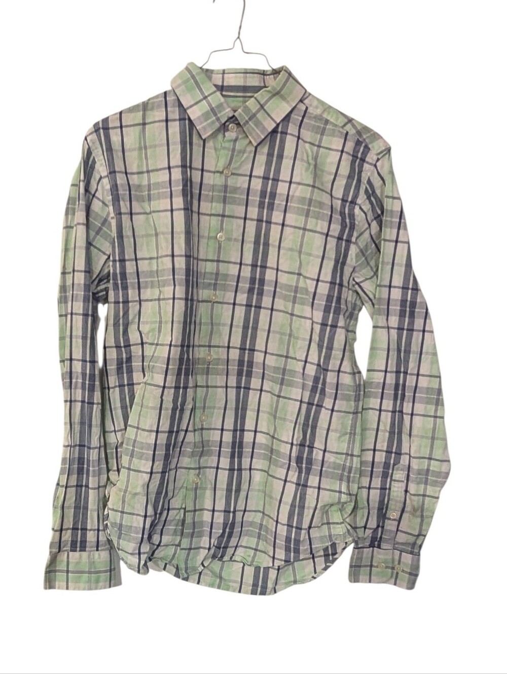 Express Men's Green and Navy Plaid Button-Up Shirt